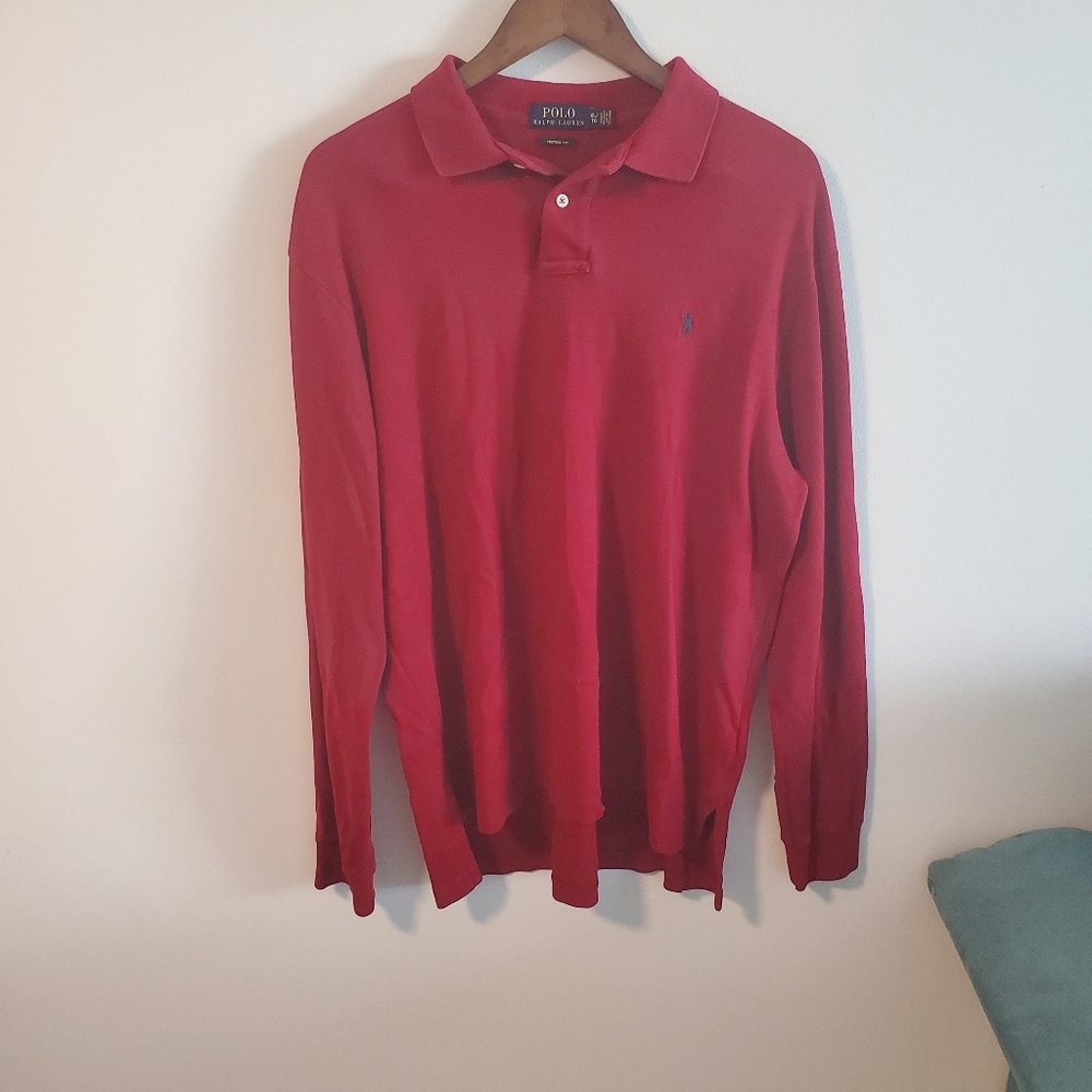 Polo Ralph Lauren long sleeve collared shirt red blue logo custom fit Size XL